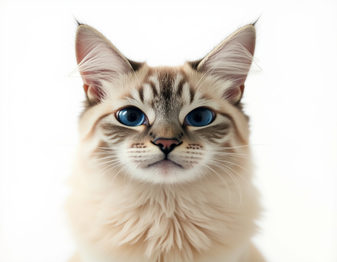 Close-up portrait of cat on a white background, with its alert expression and intricate details of its fur and whiskers in sharp focus.